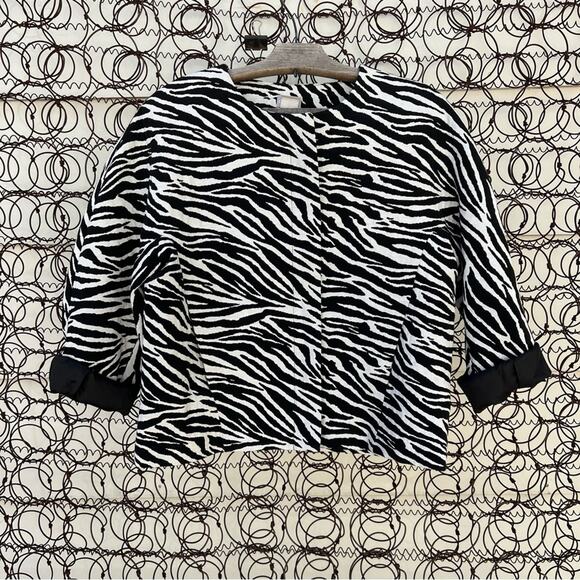 Chicos Zebra black white woven canvas tapestry blazer jacket Zipper front Size 0 - Picture 1 of 7